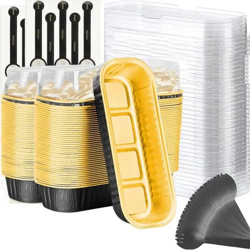 Miniatura 19 de Findful Mini Moldes para Hornear Pan con Tapas y Cucharas (Paquete de 50, 6.8oz) Moldes Rectangulares de Papel de Aluminio para Hornear Recipientes