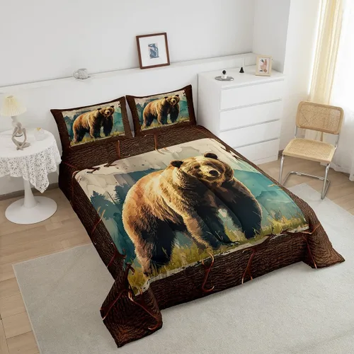Miniatura 3 de Erosebridal Juego de ropa de cama de oso marrón, juego de edredón de animales de safari en el bosque, acuarela con relleno de edredón de vida
