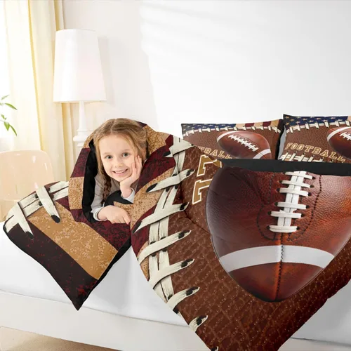 Miniatura 6 de Feelyou Juego de edredón de fútbol, tamaño individual, juego de ropa de cama deportiva de rugby para niños y niñas, color negro y marrón, edredón