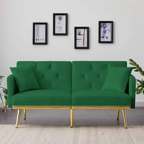 Sofá cama futón convertible de 59 pulgadas, sofá decorativo, moderno sofá de tela de terciopelo con patas de metal y bolsillos de almacenamiento,