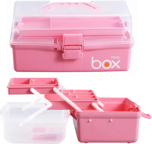 Miniatura 3 de Kinsorcai Caja de almacenamiento de plástico transparente de tres capas de 12 pulgadas con asa, caja de herramientas para manualidades, caja de Rosa