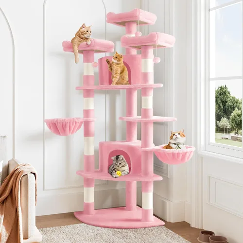 Miniatura 10 de Allewie Torre esquinera para gatos de 73 pulgadas en forma de abanico que ahorra espacio, árbol alto de varios niveles para gatos de interior/cestas