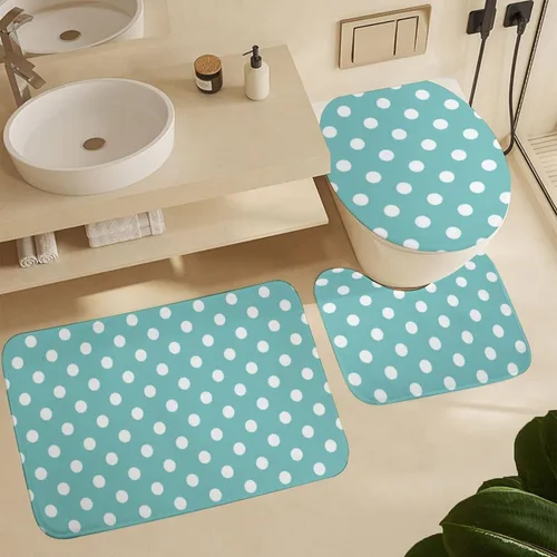 Miniatura 5 de Juego de 3 alfombras de baño con diseño de lunares, color azul aguamarina, antideslizante, con contorno en forma de U y tapa de inodoro