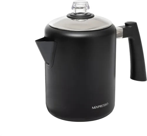 Mixpresso Cafetera percoladora de acero inoxidable negro para estufa, cafetera percoladora clásica de 37oz, excelente para camping, cafetera de 5-8
