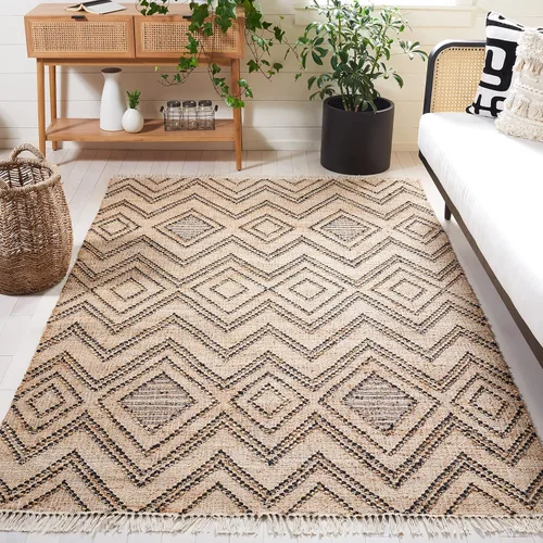 SAFAVIEH Natural Fiber Collection - Alfombra decorativa de 3 x 5 pies, color negro y natural, tejido plano hecho a mano, bohemio, borlas, yute y