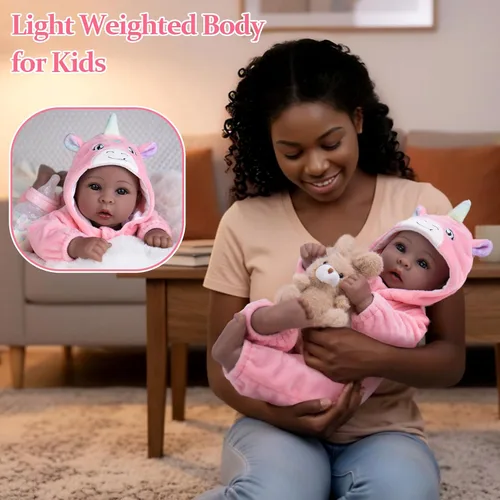Miniatura 4 de Aori Muñecas Bebé Negras de 17 Pulgadas, Muñeca Negra Realista con Cuerpo Suave de Peso Ligero y Trajes Rosas para Niñas de 3+ Juego