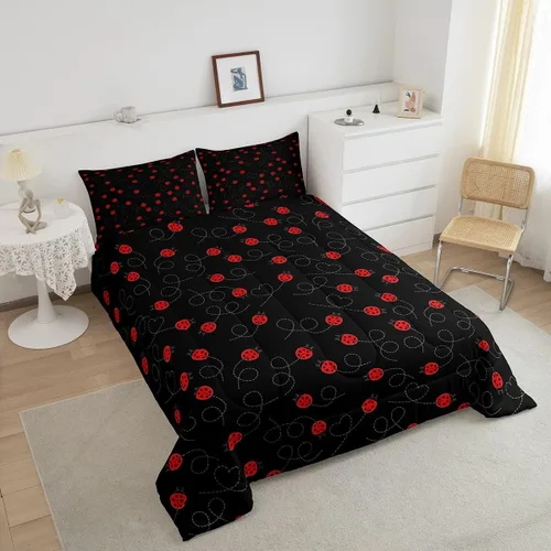 Miniatura 3 de jejeloiu Lindo juego de edredón de mariquita roja de dibujos animados, juego de ropa de cama para niños y niñas, decoración de animales kawaii