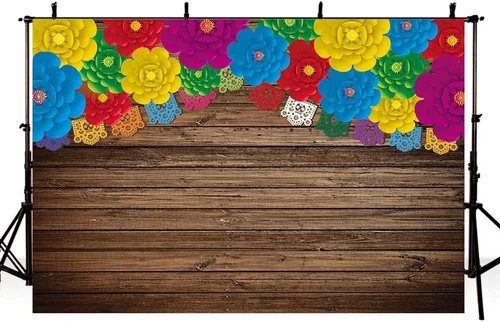 AIBIIN Telón de fondo de fotos de fiesta mexicana de 8 x 6 pies, banderas rústicas de madera con flores coloridas, fondo de fotografía, cumpleaños,