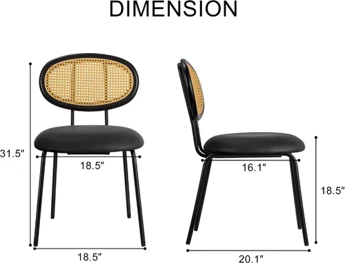 Miniatura 2 de Juego de 2 sillas de comedor con respaldo de ratán moderno de mediados de siglo, sillas laterales de cocina tapizadas de cuero negro con patas