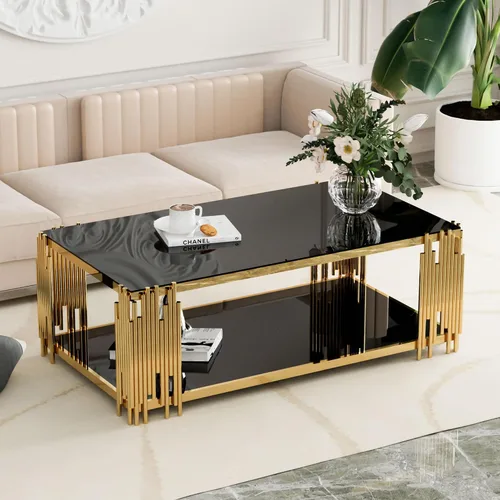 Miniatura 11 de Mesa de centro de cristal negro de 43 pulgadas, mesa moderna para sala de estar, acero inoxidable dorado, patas de metal, rectangular, de vidrio