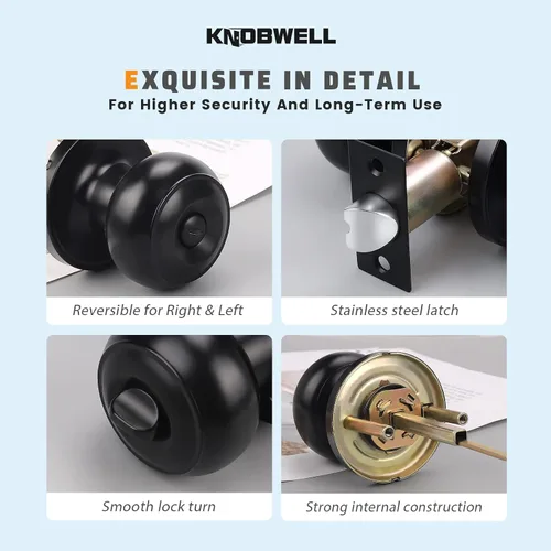 Miniatura 6 de KNOBWELL - Paquete de 1 manija de puerta moderna, manija de puerta negra mate para baño, manijas de puerta para habitación con cerradura, manija