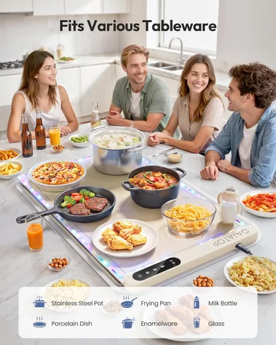 Miniatura 7 de Gaiatop Tapete de calentamiento para alimentos con salvamanteles y luz, alfombrillas de calentamiento de alimentos para encimera, 6 niveles de Crema