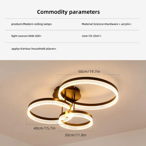 Miniatura 6 de Lámpara de techo moderna, 3 anillos LED negros cerca del techo, lámpara de techo acrílica regulable de 56 W, lámpara de techo para sala de estar