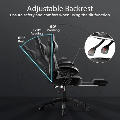 Miniatura 5 de POWERSTONE Silla de videojuegos con reposapiés y soporte lumbar, estilo carreras, piel sintética, ergonómica, ajustable, giratoria, color negro