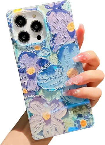 Miniatura 20 de Funda compatible con iPhone 13, borde rectangular, bonita funda protectora de lujo con diseño de flores al óleo para mujeres y niñas, funda