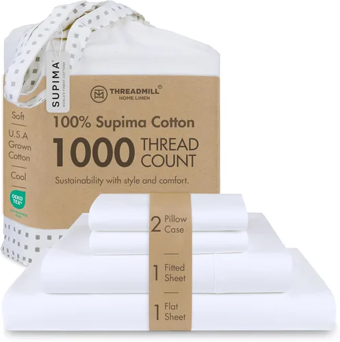Threadmill Sábanas 100% de algodón Supima americano, tamaño King, 1000 hilos, juego de sábanas de 4 piezas, sábana de satén suave, sábana de cama
