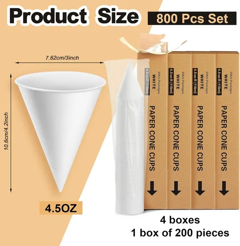 Miniatura 2 de Roshtia 800 tazas de cono de papel gruesas desechables para hielo afeitado, dispensador de enfriador de agua para granizados, color blanco