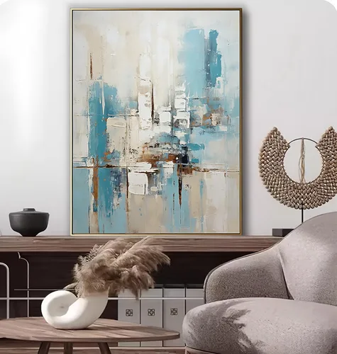 Lienzo abstracto enmarcado con textura 3D para oficina, pintura al óleo abstracta azul pintada a mano para sala de estar, decoración de pared grande