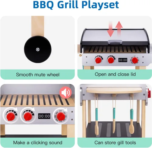 Miniatura 4 de OOOK Parrilla de juguete de barbacoa de madera, juego de parrilla para niños con alimentos de juguete y herramientas de parrilla, accesorios