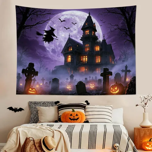 Miniatura 27 de EOBTAIN Scary Halloween Tapestry Gothic Black Crow Skull in Horror Graveyard Tapestry Wall Hanging Spooky Raven under Misty Full Moon Night Wall Art