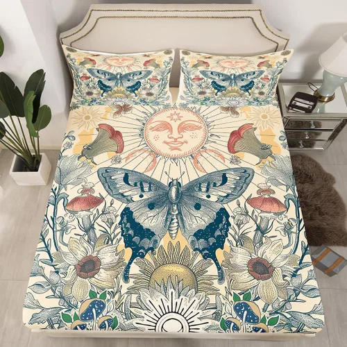 Miniatura 19 de Erosebridal Sábanas de cama de polilla de la muerte, sábana bajera ajustable de calavera gótica, tamaño individual, sábanas florales de flores