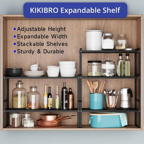Miniatura 7 de Organizador de estantes de cocina expandibles, organizador de gabinete de cocina, organizador de estante para encimera, despensa, estante de Negro