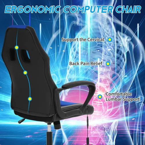 Miniatura 4 de BLKMTY Silla de juegos de PC, silla de escritorio ergonómica de masaje, sillas de carreras de piel sintética ajustable con soporte lumbar, Azul