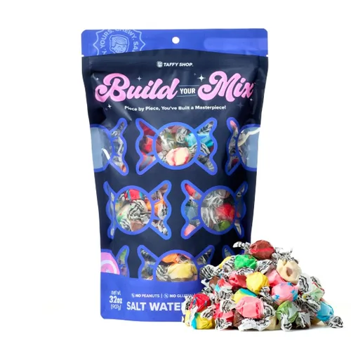 Taffy Shop Build A Mix, Elige hasta seis sabores: Taffy de agua salada – Surtido de dulces gourmet suaves y masticables, paquete variado, aperitivo