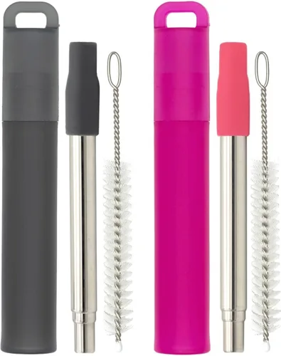 Popotes de metal reutilizables, paquete de 2 popotes plegables y portátiles de acero inoxidable, con carcasa de plástico, puntas de silicona y