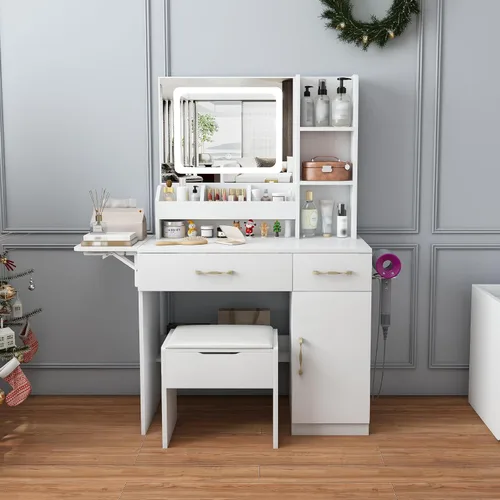 Miniatura 10 de Escritorio pequeño con espejo y luces, juego de tocador de maquillaje rosa con 2 cajones y taburete, tocador de maquillaje compacto para dormitorio
