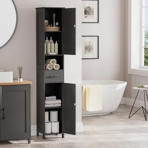 Miniatura 8 de HOMHEDY - Armario alto de 67 pulgadas con 2 puertas tipo granero, 1 cajón, estantes ajustables, unidad estrecha para baño, sala de estar, entrada