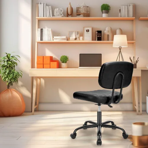 Miniatura 8 de Silla de escritorio de oficina sin brazos, soporte lumbar de respaldo bajo, pequeña ergonómica, silla giratoria de piel sintética de 360° con altura