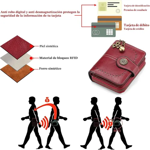 Miniatura 5 de Cartera pequeña para mujer, de piel, plegable, compacta, con bloqueo RFID, con bolsillo con cremallera para monedas, A01 Rojo Vino, Classic