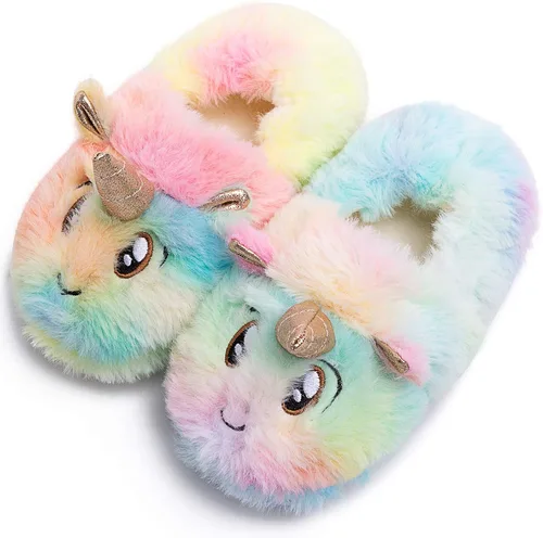 Lindas pantuflas de unicornio mullidas y mullidas para el invierno, cálidas pantuflas de felpa de animales de dibujos animados para interiores y