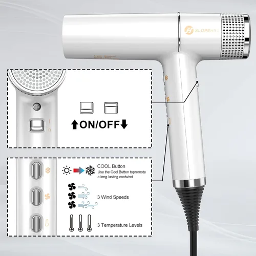 Miniatura 4 de slopehill Secador de pelo con motor único sin escobillas Diagnóstico inteligente de fallas Microfiltro innovador Tecnología Oxy Active Blanco