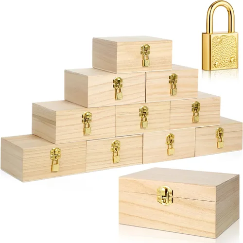 Miniatura 10 de CroBlissful Juego de 12 cajas de madera sin terminar de 24 piezas con tapas con bisagras y mini candados con llaves, caja de madera sin terminar