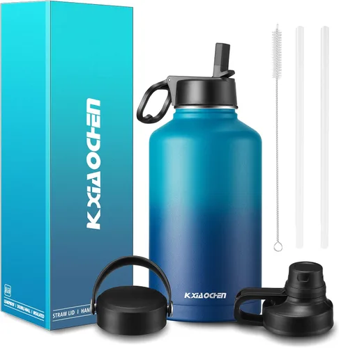 Miniatura 12 de KXIAOCHEN Botella de agua aislada, botella de agua de acero inoxidable, 2 tapas (con pajilla y tapa con asa), botellas de agua metálicas de boca