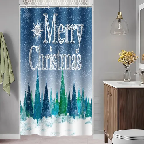 Miniatura 8 de Yeele Cortina de ducha de Feliz Navidad, diseño de rejilla blanca y negra, para invierno, árbol de Navidad, gnomo, juego de cortinas de ducha 2
