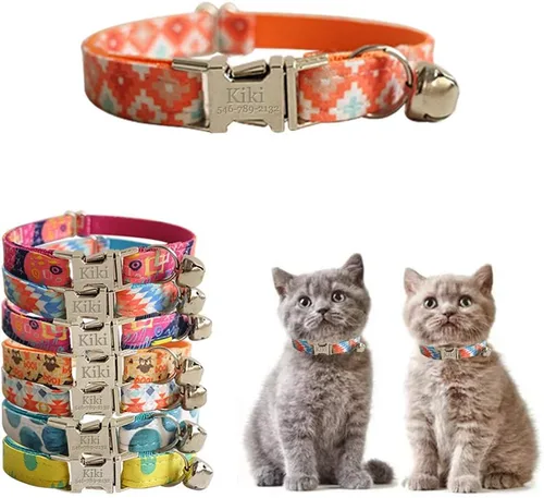 Miniatura 19 de Collar de gato personalizado con placa de nombre, collares ajustables de nailon resistente para identificación de gato con campana, personaliza
