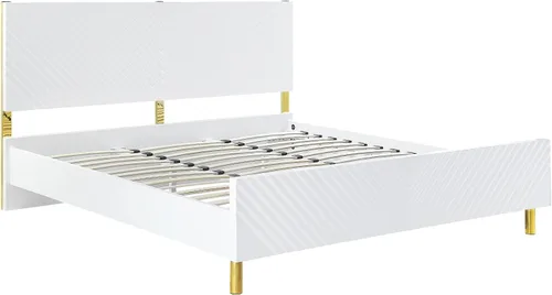 Miniatura 4 de Gaines - Cama Queen con marco de madera y patas doradas, no requiere somier, acabado blanco de alto brillo (marco de cama, Queen)