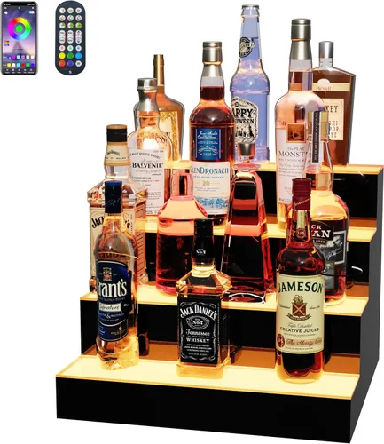 Miniatura 10 de MESAlLUP - Estante de exhibición de botellas de licor iluminado de 2 niveles de 16 pulgadas, estantes de barra LED con aplicación o control remoto