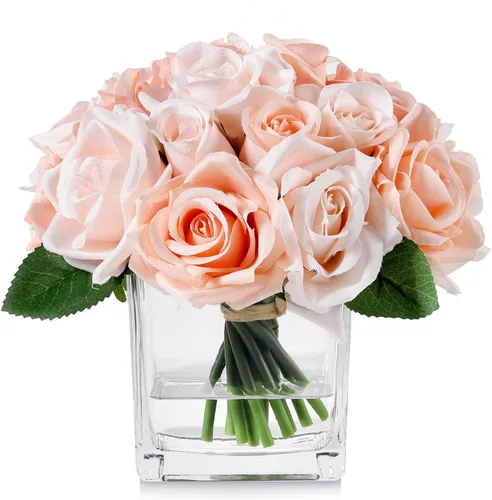 18 cabezas de rosas de seda en jarrón, arreglo floral artificial en jarrón con agua falsa para decoración del hogar (rosa)