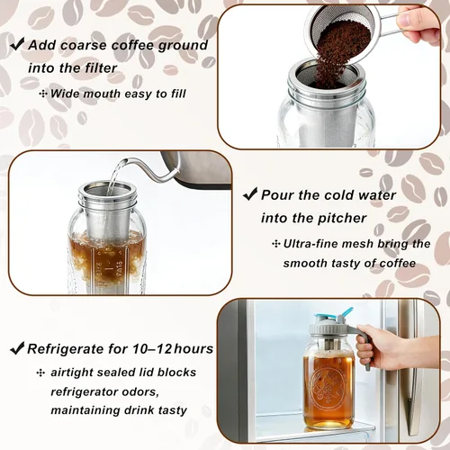 Miniatura 7 de GMSWEET Jarra de Albañil para Café de Infusión Fría de 32 OZ con Boca Ancha, Jarra para Café Frío con Filtro de Café para Café, Té Helado, Té al