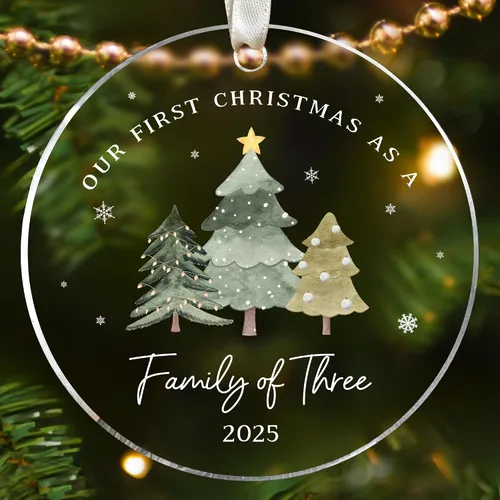 Adorno de Primera Navidad del Bebé 2025 – Adorno de Navidad de familia de tres 2025 – Primera vez mamá papá, nuevos padres – Regalos de bebés para