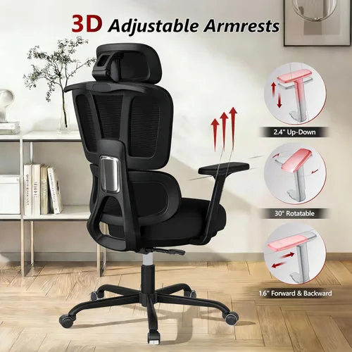 Miniatura 4 de Silla de oficina con respaldo alto, silla de escritorio de malla, silla ergonómica para computadora con reposacabezas, reposabrazos ajustables 3D