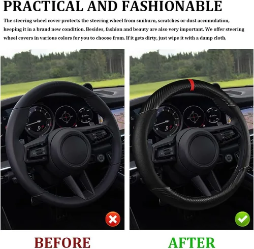 Miniatura 5 de Funda para volante de automóvil, accesorios para volante, cuero de microfibra de 15 pulgadas, fibra de carbono, suave, antideslizante, transpirable