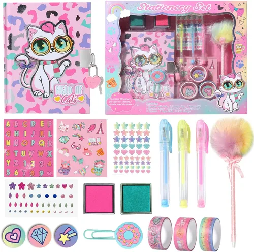 Miniatura 7 de Diario de gato para niñas con cerradura, juego de papelería de gato con diario secreto, sellos, bolígrafos, cuaderno de diario, regalos de Set