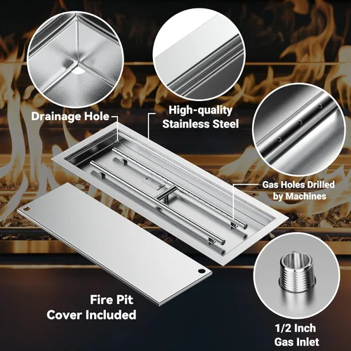 Miniatura 3 de Skyflame - Sartén y quemador de acero inoxidable rectangular para fogata con cubierta del quemador, área de combustión de 24 por 8 pulgadas