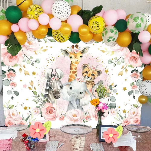 Miniatura 3 de Sensfun Telón de fondo de fiesta de baby shower con texto en inglés "It's A Girl" ("It's A Girl"), diseño floral rosa, animales del zoológico