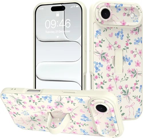Miniatura 137 de Funda diseñada para iPhone 17 Pro Max con soporte plegable y correa para dedos, bonito patrón de lazo de corazón de flor rosa para mujeres y niñas